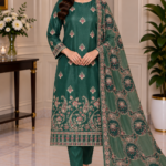 Emerald green Sheesha Silk unstitched suit with embroidered net dupatta