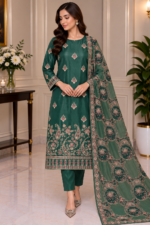 Emerald green Sheesha Silk unstitched suit with embroidered net dupatta