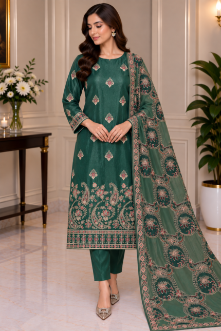 Emerald green Sheesha Silk unstitched suit with embroidered net dupatta