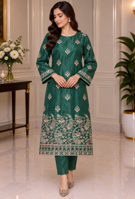 Emerald green Sheesha Silk 3-piece unstitched suit embroidered front view