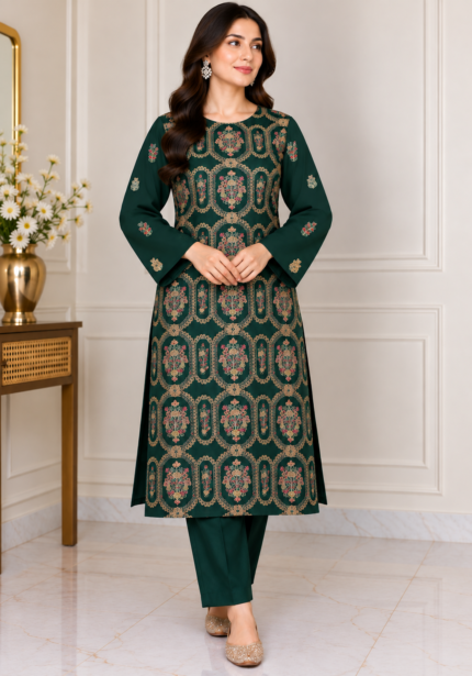 Emerald green silk embroidered Pakistani suit with matching trousers
