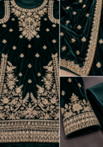 Emerald green velvet suit handwork embroidery closeup with shawl and sleeve details