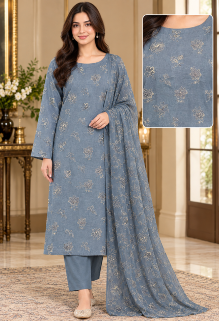 Gray embroidered 3 piece Grip suit with Chiffon dupatta