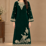 Emerald green embroidered velvet 3-piece unstitched suit with golden floral embroidery, detailed neckline, and matching trousers.