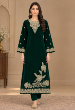 Emerald green embroidered velvet 3-piece unstitched suit with golden floral embroidery, detailed neckline, and matching trousers.