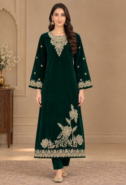 Emerald green embroidered velvet 3-piece unstitched suit with golden floral embroidery, detailed neckline, and matching trousers.