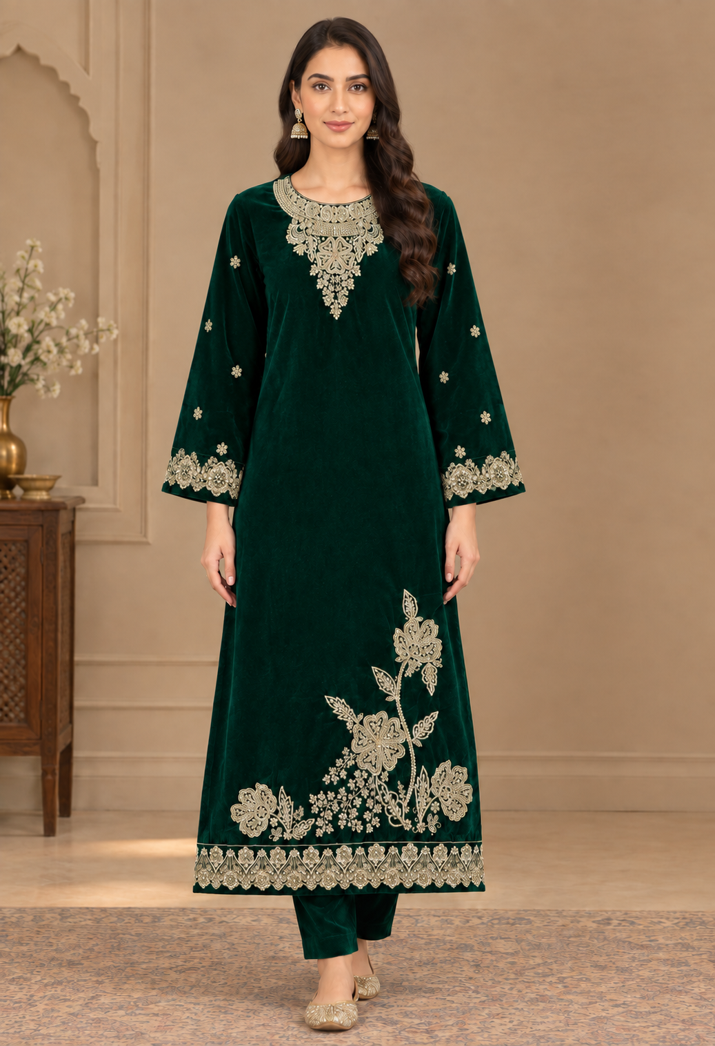 Green velvet mbriodered three pc suit Emerald green embroidered velvet 3-piece unstitched suit with golden floral embroidery, detailed neckline, and matching trousers.