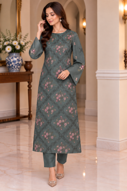 Grey green floral embroidered silk 3-piece unstitched suit front view