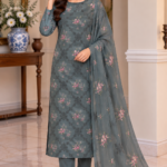 Grey green silk 3-piece unstitched suit with embroidered Shafoon dupatta
