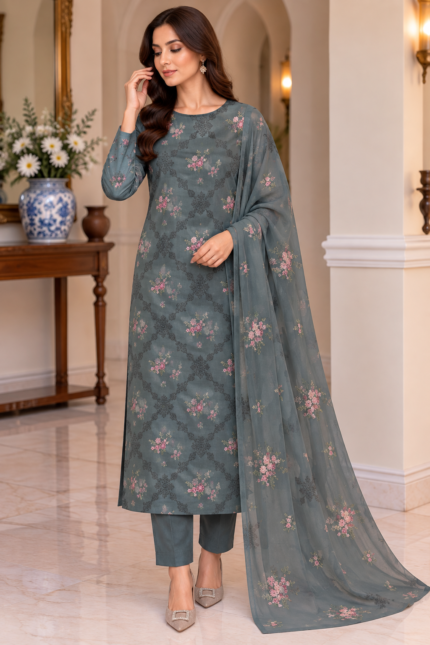 Grey green silk 3-piece unstitched suit with embroidered Shafoon dupatta
