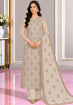 Ivory cream chiffon 3 piece unstitched suit with embroidered dupatta