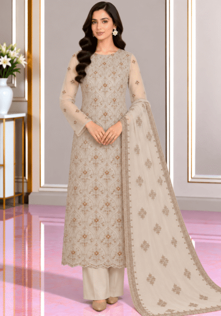 Ivory cream chiffon 3 piece unstitched suit with embroidered dupatta