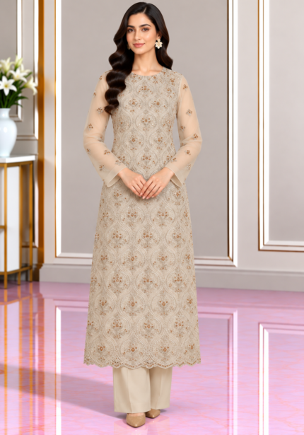 Ivory cream chiffon handmade embroidered 3 piece suit front pose without dupatta