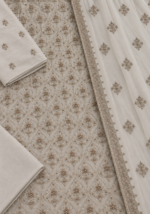 Ivory cream chiffon unstitched suit fabric with detailed handmade embroidery closeup