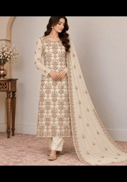 Ivory gold embroidered 3 piece Pakistani suit with sheer embroidered dupatta