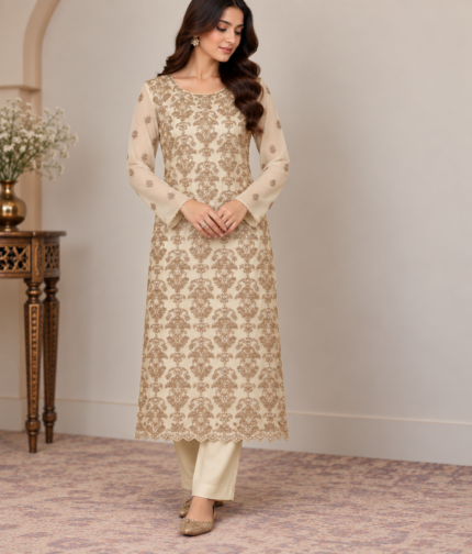 Ivory gold embroidered Pakistani suit without dupatta with sheer embroidered sleeves