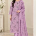 Lavender chiffon 3 piece unstitched suit with chiffon dupatta and white trouser