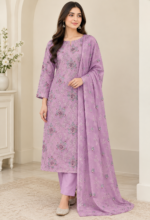 Lavender chiffon 3 piece unstitched suit with chiffon dupatta and white trouser