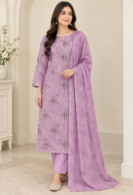 Lavender chiffon 3 piece unstitched suit with chiffon dupatta and white trouser