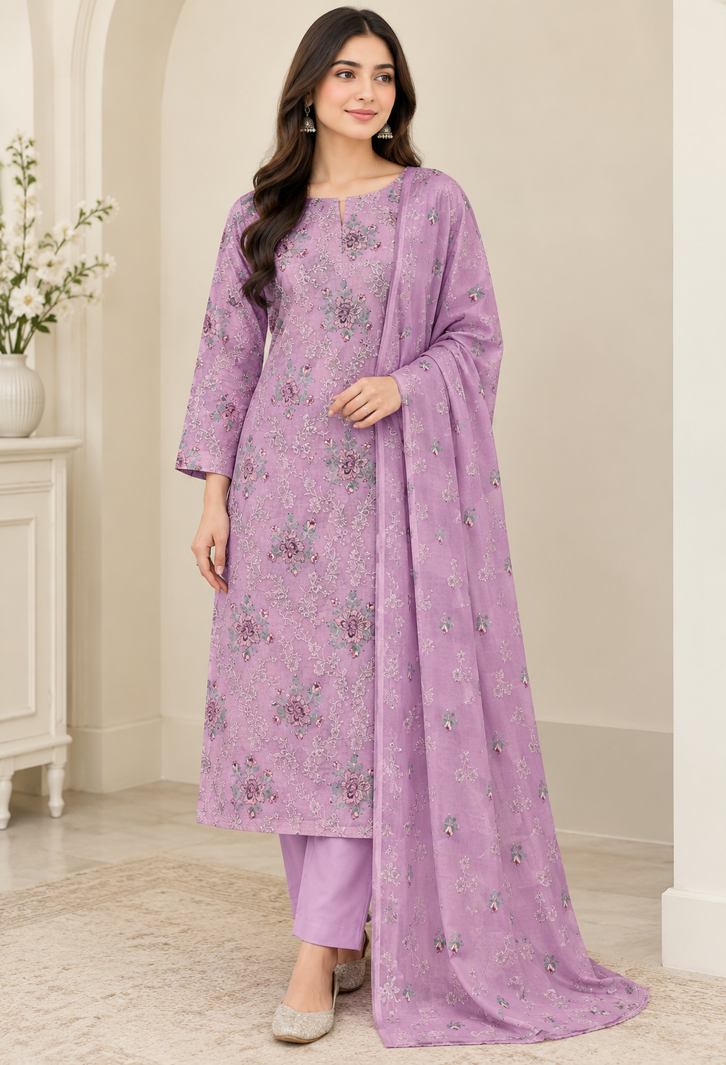 Lavender Chiffon 3 Piece Unstitched Suit Lavender chiffon 3 piece unstitched suit with chiffon dupatta and white trouser