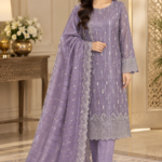 Lavender Purple Net Beads Work 3 Piece Unstitched Suit