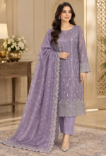 Lavender Purple Net Beads Work 3 Piece Unstitched Suit