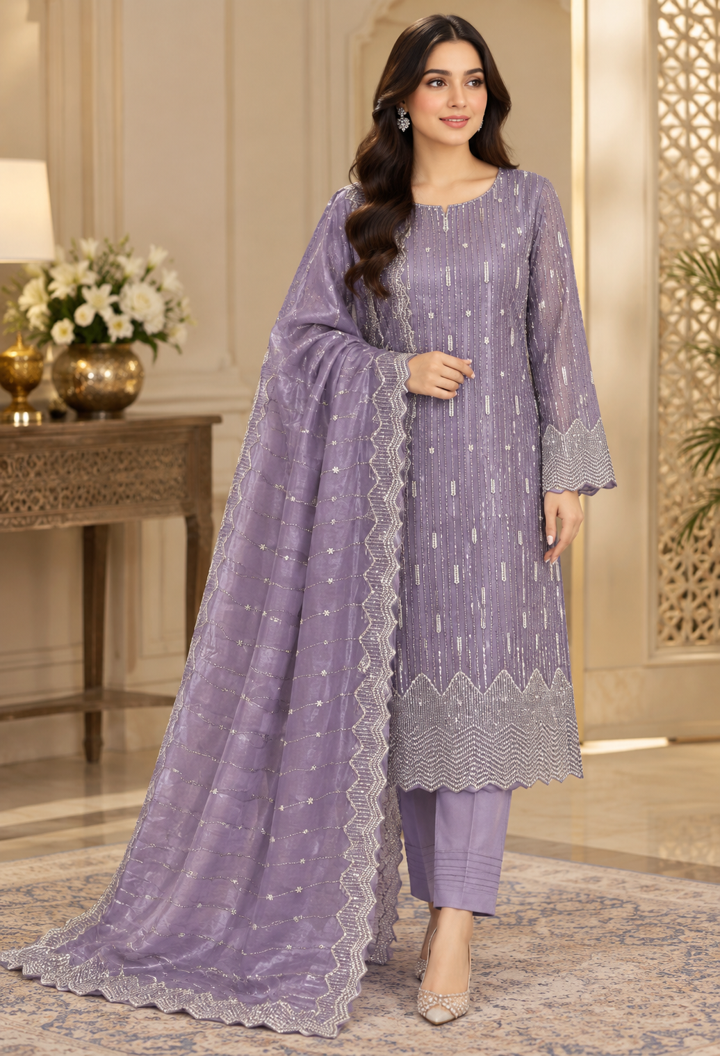Lavender Purple Net Beads Work 3 Piece Unstitched Suit Lavender Purple Net Beads Work 3 Piece Unstitched Suit