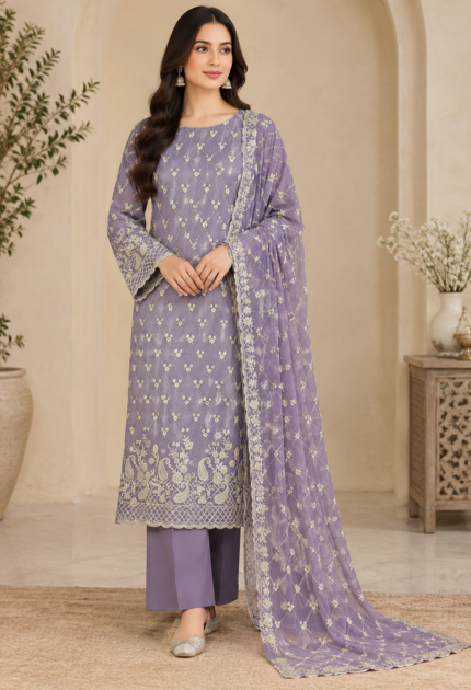 Lavender Purple Net Embroidered 3 Piece Suit | Beads Work