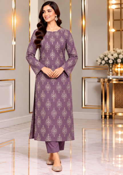 Lavender silk embroidered 3 piece unstitched suit with all over medallion embroidery