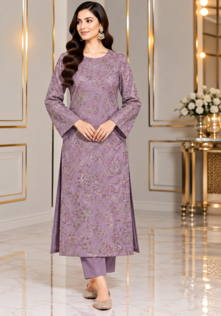 Lavender silk embroidered 3 piece unstitched suit with floral shirt and matching trousers