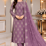 Lavender silk embroidered suit with matching chiffon dupatta and floral embroidery