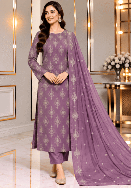 Lavender silk embroidered suit with matching chiffon dupatta and floral embroidery