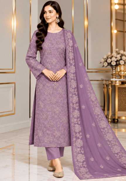Lavender silk embroidered 3 piece suit with floral embroidered chiffon dupatta