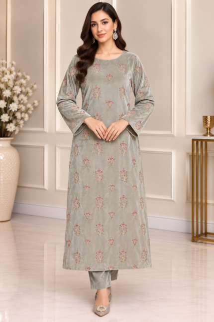Light taupe velvet 3 piece suit with pink floral embroidery and matching trousers