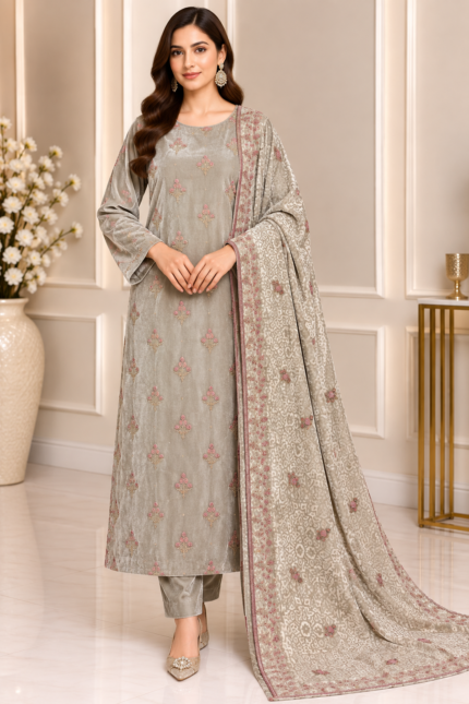 Light taupe velvet suit with embroidered shirt matching trousers and patterned shawl