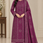 Luxury plum raw silk mukaish embroidered 3PC suit featuring elegant floral detailing, a beautifully designed front, and decorative borders. A graceful choice for festive and formal occasions.