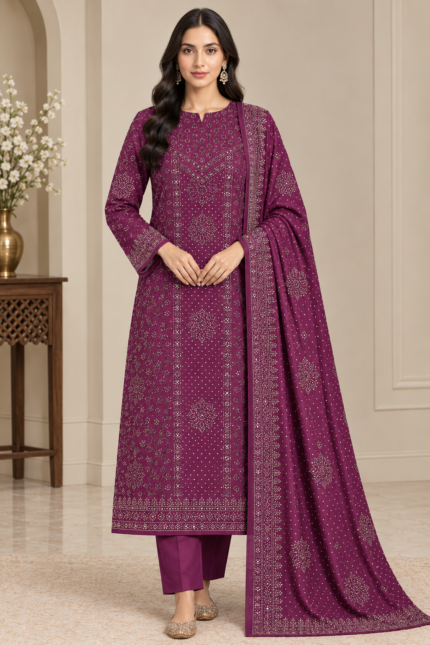 Luxury plum raw silk mukaish embroidered 3PC suit featuring elegant floral detailing, a beautifully designed front, and decorative borders. A graceful choice for festive and formal occasions.