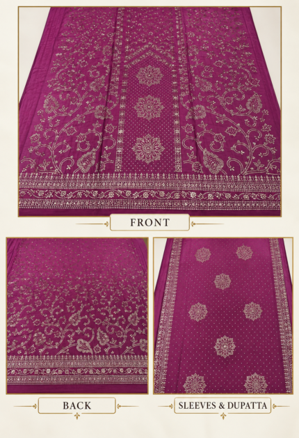 Plum raw silk mukaish embroidered 3-piece unstitched suit with floral embroidery, detailed shirt border, and matching dupatta.
