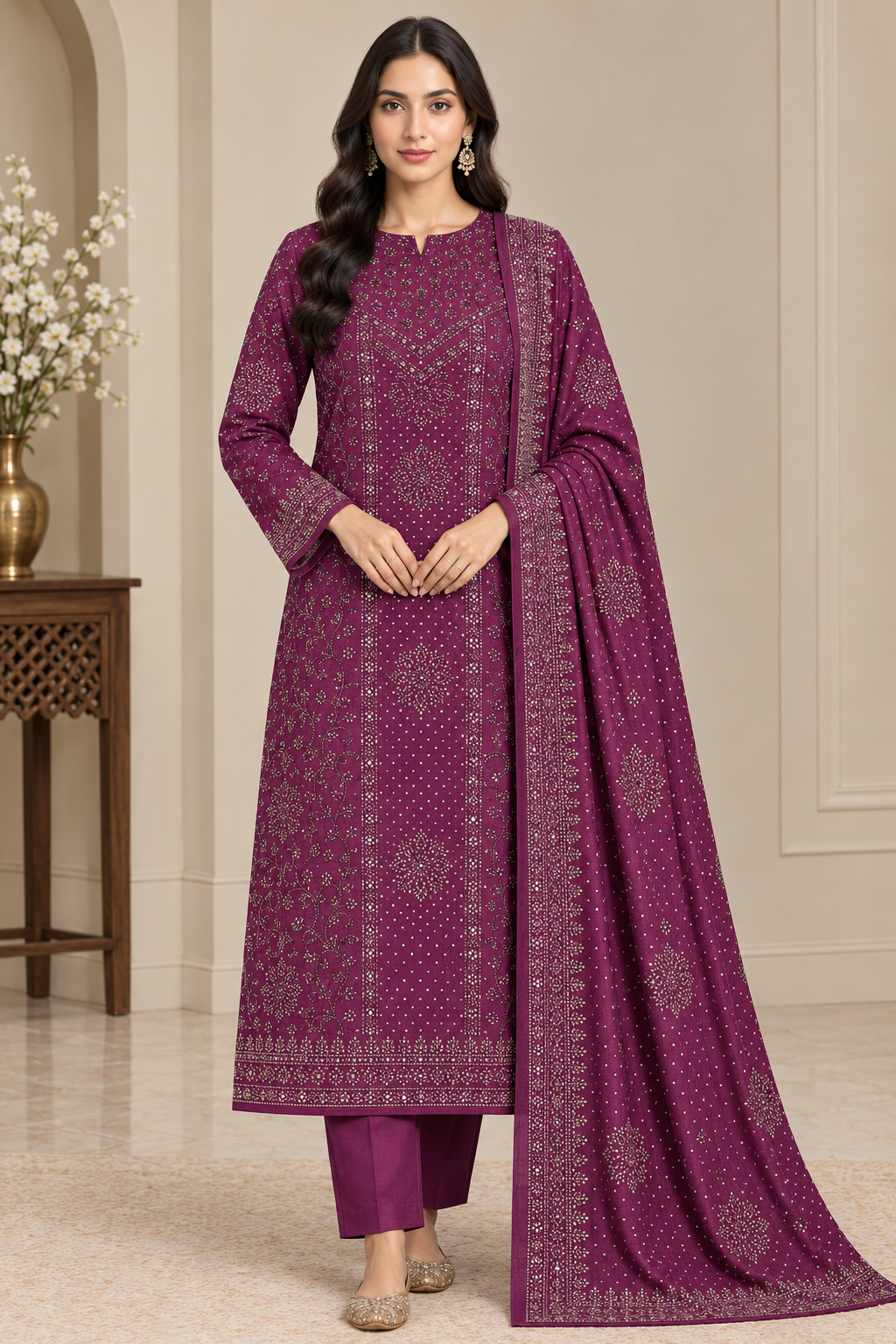 Luxury Plum Raw Silk Mukaish 3PC Suit Luxury plum raw silk mukaish embroidered 3PC suit featuring elegant floral detailing, a beautifully designed front, and decorative borders. A graceful choice for festive and formal occasions.