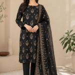 Luxury embroidered silk 3 piece unstitched dress in Black and Teal