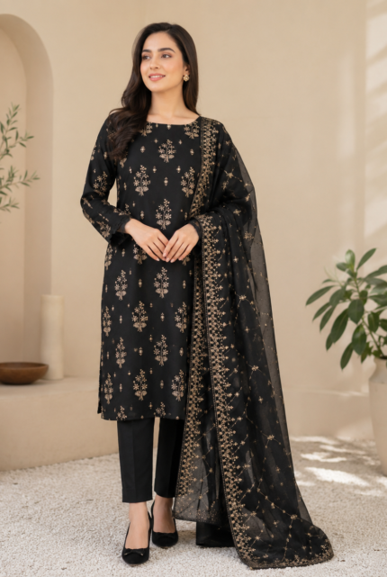 Luxury embroidered silk 3 piece unstitched dress in Black and Teal