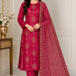 Magenta chiffon dupatta with gold floral embroidery, lattice motifs and embroidered border