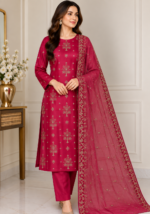 Magenta chiffon dupatta with gold floral embroidery, lattice motifs and embroidered border