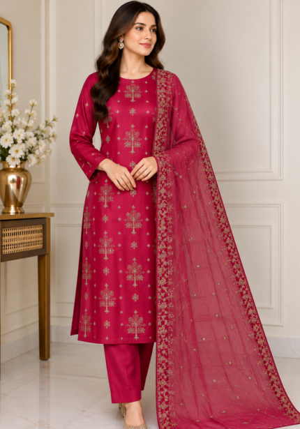 Magenta chiffon dupatta with gold floral embroidery, lattice motifs and embroidered border