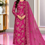 Magenta silk 3 piece suit with floral embroidered shirt and matching dupatta