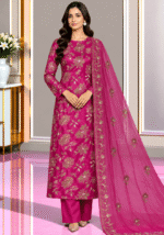 Magenta silk 3 piece suit with floral embroidered shirt and matching dupatta