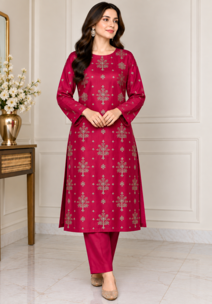 Magenta silk embroidered 3 piece suit with gold floral embroidery and matching trousers