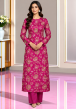 Magenta silk floral embroidered shirt with matching sleeves and trouser