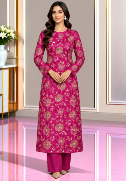 Magenta silk floral embroidered shirt with matching sleeves and trouser
