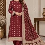 Maroon chiffon embroidered 3 piece unstitched suit front pose with embroidered dupatta